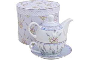 G. WURM Set da tè con motivo lavanda per una persona | teiera, tazza da tè & piattino | servizio da tè in porcellana in confezione regalo | Design manico della Tazza, manico & Sottopiatto per teiera | Tea For One