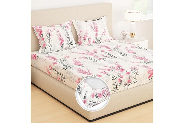 Story@Home 210 TC Glace Cotton Feel Elastic bedsheets for Queen Size Bed Fitted bedsheet fits 72" x 60" Mattress All Around Elastic, (Candy Floral Pink)