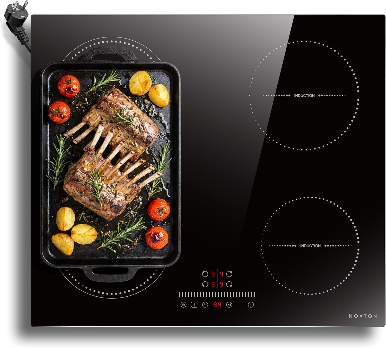 NOXTON Placa induccion 4 fuegos con Zona flexible, indduccion 60 cm, Temporizador, Cierre de seguridad, Indicación de temperatura residual, Bloqueo de seguridad, 220 V~240 V, 3500 W, Con enchufe