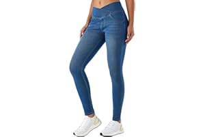LaiEr Jeans Skinny V Croisés à Taille Haute avec Contrôle de l'abdomen pour Femmes,Leggings de Fitness Décontractés,élasticité Souple,Imprimé Faux Denim avec Poches Latérales