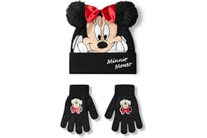 Disney Minnie Mouse Girls Beanie Hat & Gloves Set | Black Knitted Winter Hat with Pom Poms and Red Bow | Kids One Size Hat & Gloves with Minnie Mouse Character Face | Classic Cartoon Merchandise Gift
