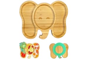 AWIIK - Piatto in Bambù Con Forte Ventosa per Neonati e Bambini Piccoli. Antiscivolo e Antiribaltamento per Imparare a Mangiare BLW. (Elephant)
