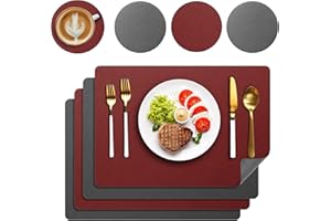 DELENTO Platzsets 4er Set, Zweiseitig Platzdeckchen Abwaschbar Tischsets rutschfest Lederoptik Platzset 43x30cm und Untersetzer für Hause Küche Restaurant (Rot)