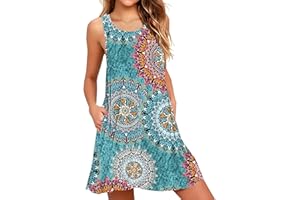 AUSELILY Sommerkleid Damen Rundhals Knielang Freizeitkleider Strand Trägerkleid mit Taschen