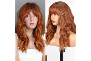 WOKESTAR Long Wig with Fringe Synthetic Wavy Wigs for Women Ginger Color