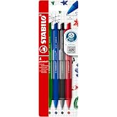STABILO - retractable pen - pointball colorful | Pack of 4, Ultramarine Blue, Dark Grey, Rust Red, Mint Green