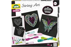 Lena 42650 – zestaw do majsterkowania String Art motyl i serce, kompletny zestaw na 2 obrazki nici, z 2 płytkami podstawowymi, ok. 21,5 x 21,5 x 1 cm, szpilki i 6 kolorowych przędzy, zestaw dla dzieci od 8 lat