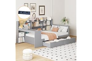 ‎OKWISH okwish Kinderbett 90x200 cm, Jugendbett mit Schreibtisch Schubladen und Stauraum Regal, Funktionsbett mit Steckdose und USB Ladefunktion, Bettgestell mit Lattenrost, Kiefernholz, Grau ohne Matratze
