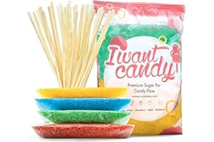 Partyset 4 x 200 Gramm Zuckerwatte Zucker inklusive 30 Zuckerwatte Stäbe | Apfel, Banane, Blaubeere, Erdbeere | Natürliche Aromen & Farbstoffe ohne AZO | Set für Zuckerwattemaschine von I WANT CANDY®