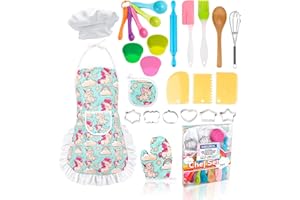 KAEGREEL Cucina Giocattolo per Bambini, 26Pz Set Utensili Cucina da Forno con Grembiule Unicorno/Cappello Chef/Cucchiai/Frullino, Regali di Ruolo da Chef per Ragazzi Ragazze 3+ Anni (Blu)
