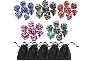 CREEBUY Lot de 5 dés DND polyédriques vintage, à motif dragon, compatibles avec les jeux de rôle D&D Donjons et Dragons, 35 pièces (5 couleurs avec noir)