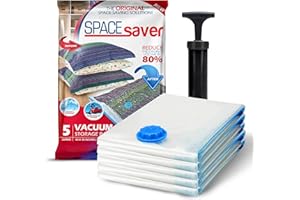 Spacesaver Hochwertige Vakuumbeutel für Kleidung, 80% mehr Stauraum Vakuum Aufbewahrungsbeutel mit Reise Pumpe Doppelreißverschluss und Dreifachdichtung, maximale Platzersparnis Jumbo-Größe 5 Pack