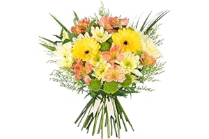 PRESTIGEFLOWERS Seasons Joy Fresh Flowers Handcrafted Bouquet, Stunning Yellow Germini, Peruvian Lily, Palm and Chrysanthemum Mix, Thoughtful Gift for Birthday, Anniversary, Get Well, Sympathy or Any Special Occasion