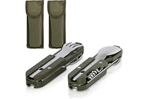 KS-11 2 Stück Outdoor Bundeswehr Besteck Edelstahl Campingbesteck Essbesteck Set 6 teilig Camping Besteckset, grün silber