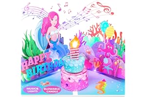 FITMITE Musikalische Geburtstagskarte mit Licht,Meerjungfrau 3D Pop-up-Karten Blowable Kerze Jubel Sound,Geburtstag Grußkarten Geschenke für Kinder Mädchen…