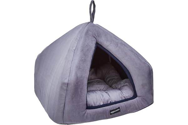 Amazon Basics Premium Soft Velvet Pet Hut House For Cats, Kittens and Small Dogs With Reversible Cushion Washable Cozy and Comfortable Small 40 x 40 x 40 cm Navy Blue and Grey