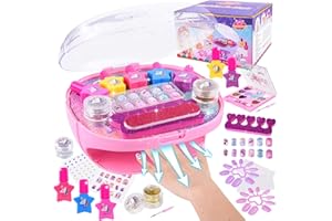 Herenear Studio paznokci dla dziewczynek, zestaw do paznokci dla dziewczynek, zestaw do zdobienia paznokci dla dzieci 6 7 8 9, walizka do makijażu, zabawka, zestaw do makijażu dla dzieci z suszarką do