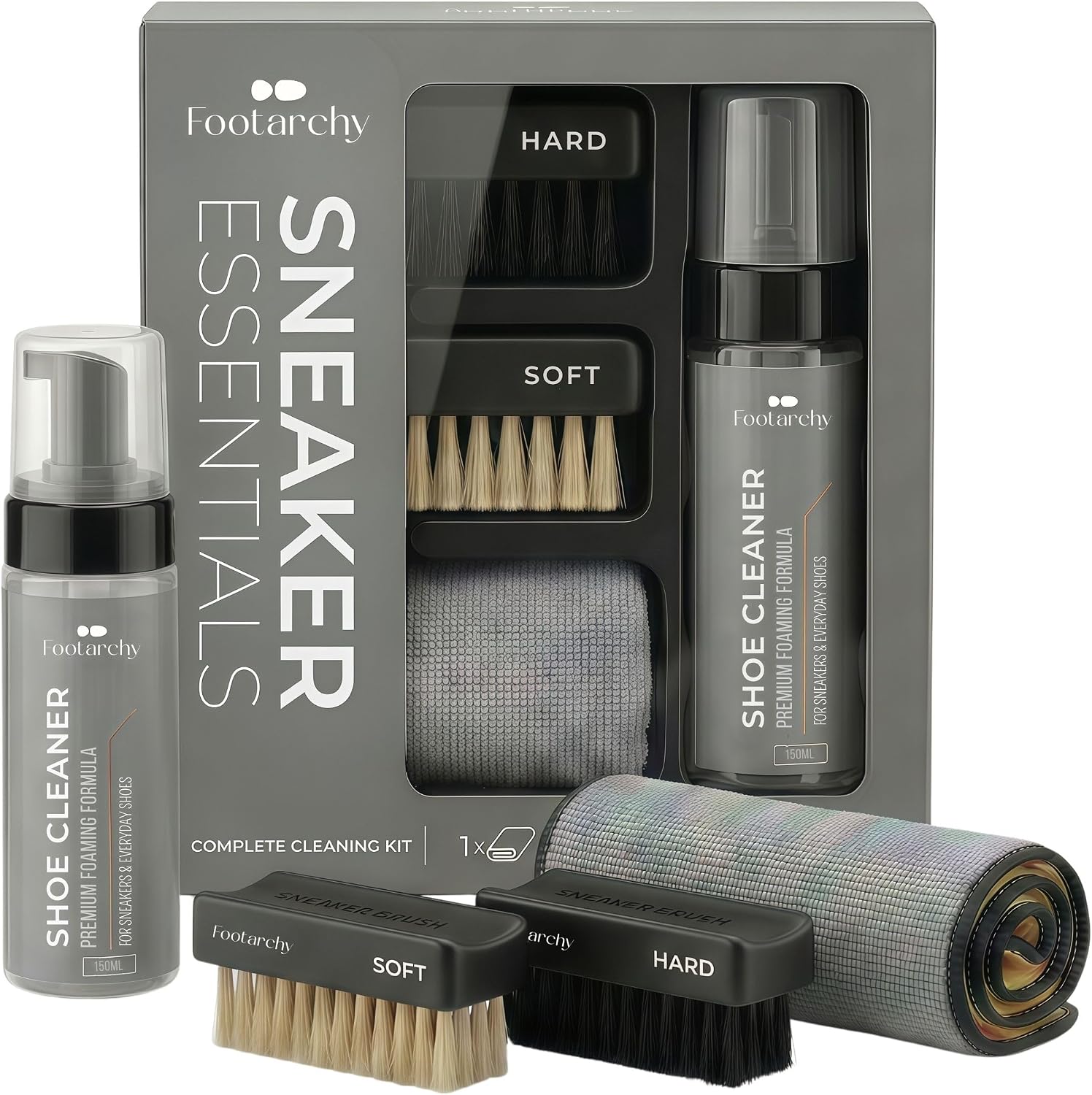 Footarchy Kit Limpieza Zapatillas Profesional - Espuma 150ml con 2 Cepillos (Soft y Hard) y Microfibra Doble Cara, Ideal para Cuero Goma Plastico y Suelas - Limpiador Zapatos sin agua