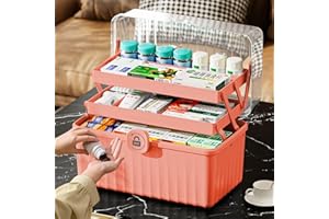 Gemsaya 3 Layer Medicine Storage Box, Large Medicine Storage Box Organiser with Handle, Portable Medical Box Storage with Lid, Pink Medication Organizer Remedy Boxes, 32 x 18 x 22cm