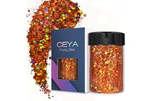 Ceya Holographic Chunky Glitter, 4.9oz/ 140g Orange Craft Glitter Powder Mixed Chunky & Fine Flakes Iridescent Nail Sequins for Nail Art, Hair, Epoxy Resin, Tumblers, Slime, Painting, Festival Decor