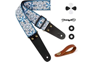 Aucuu Sangle Guitare, Sangle en Jacquard avec Extrémités en Cuir, Sangles de Guitare pour Guitare Réglable, Brodé Jacquard Styles Vintage en Vedette,pour Sangles Guitare Acoustique/Électrique ou Basse