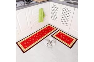 Carvapet 2 Piece Non-Slip Kitchen Mat Rubber Backing Doormat Kitchen Floor Mat Runner Rug Set(Red)