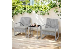 XEO HOME Outdoor 3-Pieces Rattan Bistro Set Wicker Garden Furniture Conversation Set, Coffee Table with Glass Top and 2 Chairs and Washable Removeable Cushions for Balcony Backyard Pool side (Grey)