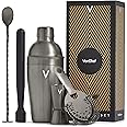 VonShef Cocktail Shaker Set, Graphite 5pc Set with 550ml Manhattan Cocktail Shaker, Professional Bartender Set for Home Bar, Including Strainer, Muddler & Other Bar Accessories, Gift Box Included