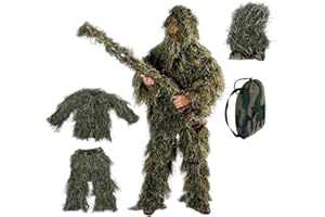 Yuehuamech Kinder Ghillie Anzug Outdoor Camo Spiel Anzug Camouflage Jagd Uniform Kinder Armee Kampf Kleidung 3D Atmungsaktiver Dschungel Anzug für Jagd Schießen Wildlife Fotografie Halloween