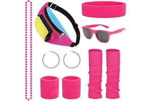 Aoreety 80s Fancy Dress Costumes, 1980s Retro Sport Accessories Sets with Bumbag Headband Wristbands Leg Warmers Eyeglasses Earrings Necklace, Neon Outfit for Women 80s Party, Dress up Party