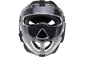 BAY SPORTS Bay Full Face Budo Kopfschutz mit Maske Leder PU Helm Visier Boxen Krav MAGA MMA Plexiglas Gitter Safety Fight Kopfschützer Headguard Kampfsport Gesichtsmaske Gesichtschutz schwarz