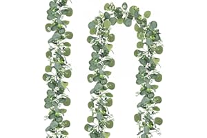 ‎ROLLWAY ROLLWAY 2 Stück Eukalyptus Girlande, Künstliche Girlande Pflanze 1,8m Hängend Grüne Blätter Deko mit Weiße Blumen Silberdollar Eukalyptusranke für Hintergrund Hochzeit Bogen Grün