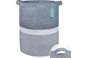 BOSROTY Large Blanket Basket, Nursery Hamper, Tall Laundry Basket 72L, Cotton Rope Woven Laundry Hamper for Storage Toys Clothes Towels, 40 x 55 CM,Blend Navy Blue & White