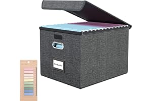 JTOOYS Upgraded Filing Boxes Portable Paperwork Organiser Large Capacity Multifunctional File Organiser with Lid Foldable Fabric Hanging Filing Box with Plastic Slide for Home Storage Office Filing-Dark Grey