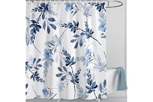 LIVETTY Shower Curtain Blue Leaves Curtain 180×180cm Floral Shower Curtain for Bathroom Quick-Drying Kitchen Curtains Machine Washable with 12 Hooks-Multi-Color