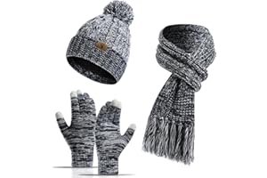 INSISMY Écharpe Chapeau Gants Ensemble Bonnet Femme Cache-Cou Longue Écharpe et Gants Thermique Écran Tactile Ensemble 3 PCS Hiver Tricoté Pom Bonnet Ensemble Unisexe Mélangé Tricot