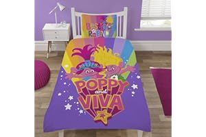 Coco Moon Trolls Poppy & Viva - Set copripiumino per letto singolo, include copripiumino singolo e federa per bambini e bambine