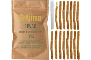 AJIMA Siwak Naturel 15X + Étui OFFERT* Miswak Brosse à Dents Naturelle en bois d'Araq Blanchiment Dentaire et Fraîcheur Nettoyante et Désinfectante - Zéro déchet Biodégradable