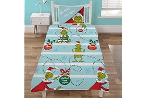 Coco Moon The Grinch Reversible Single or Double Bed Size Duvet Cover and Pillow Set for Kids Ideal Prime Gift (Single, White & Blue)