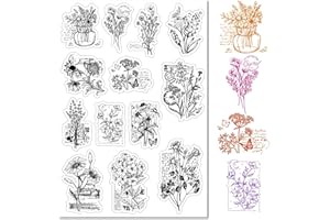 CRASPIRE Vintage Fleur Clair Tampons en Caoutchouc Mots Vase Horloge Papillon Transparent Rétro Printemps Plantes Naturelles Thème avec des Éléments Géométriques Cachet de la Poste Joints en Silicone