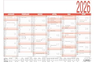 ‎ZETTLER Zettler Arbeitstagekalender A4 2026 – Bürokalender groß 30 × 21 cm, 6 Monate pro Seite, Arbeitstage-, Tages- & Wochenzähler, Ferienübersicht, Feiertage, Mondphasen, Wandkalender kompakt, FSC Karton