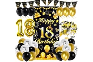 Jeackcelle 18th Birthday Party Decorations Kit, Black and Gold 18th Birthday Decoration Backdrop Banner Balloon, Number Foil 18 Balloon, Birthday Hanging Swirls for Men Women Birthday Party Supplies