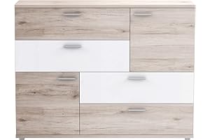 ‎FORTE FORTE Skive Kommode mit 2 Türen und 4 Schubladen, Holzwerkstoff, Sandeiche / Weiß, 124.9 x 41.3 x 95.9 cm