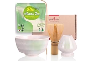 Goodwei Matcha Kit Thé Matcha BIO Japonais avec Fouet Bambou, Bol Artisanal en Céramique et support à fouet | Coffret cadeau (Shiro)