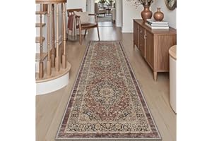 DEXI Alfombra Pasillo 61 x 152 cm, Alfombras Cocina Lavable Antideslizante, Tapete Vintage de Pelo Corto y Suave para Entrada, Lavandería o Comedor, Rojo óxido