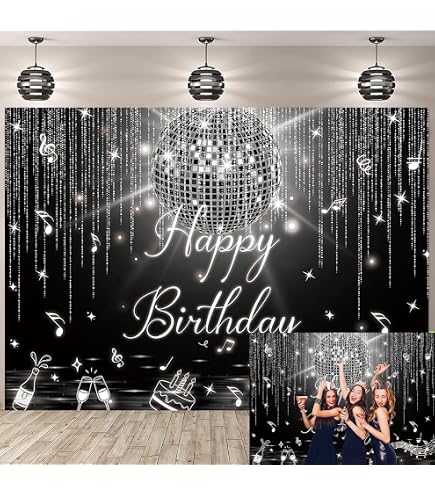 Toile De Fond Anniversaire Bleu Marine – Inscription 'Happy Birthday' Avec Ballons Argent Pailletés, Dimensions 7x5ft (210x150 Cm)