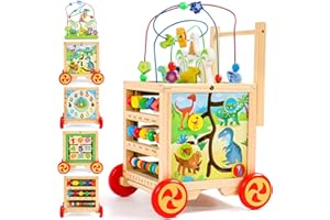 Trotteur Bebe Fille Garçon Trotteur Pousseur Bois Réglable Hauteur Jouets en Bois pour Enfant 1 2 3 Ans, Cube d'Activité 7 en 1 Jouets Éducatifs Porteur Trotteur Bébés Premiers Pas