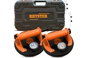 RHYSTER® 2x Ventouses Carrelage avec Manomètre et Jauge Sécurité - Diamètre 200mm - Supportent Jusqu'à 300KG - Idéal pour Carrelage, Vitres, Pare-brise, Meubles - Kit de Remplacement de Valve Inclus