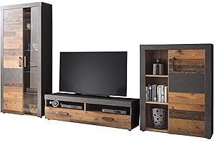 Newfurn Wohnwand Anbauwand Industrial Wohnzimmerschrank Wohnlandschaft Mediawand Fernsehschrank II 343x189x 40 cm (BxHxT) II [Nanuk] in Graphit Grau Matera-Old Wood/Old Wood Wohnzimmer