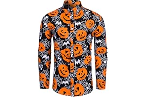 fohemr Herren Halloween Hemd Langärm Slim Fit Freizeithemd Kürbis Muster Lustig Funky Hemden Casualshirts Urlaub